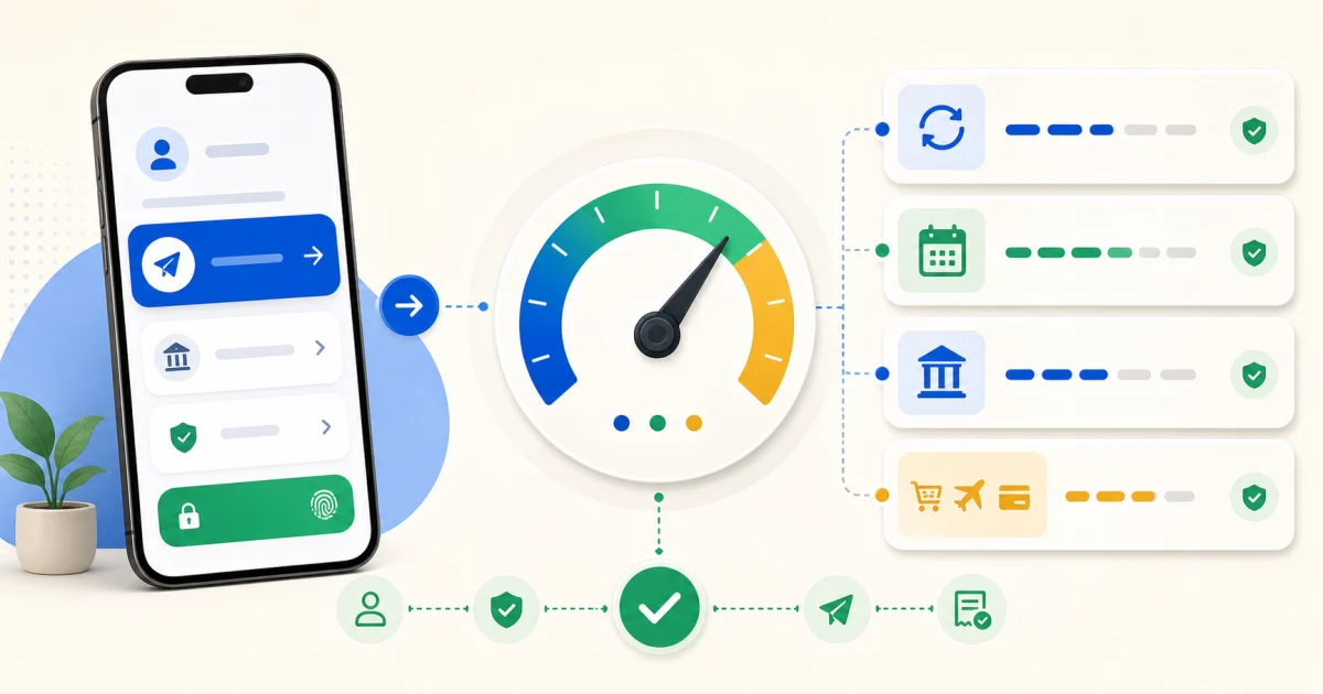 Illustration of a mobile UPI payment passing through a gauge and separate transaction, daily, bank and category limit checks